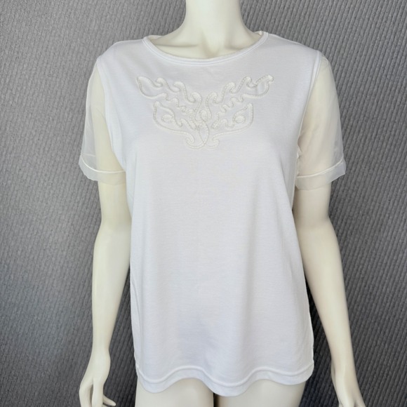 Vintage 90s Bob Mackie Studio White Tee Art Perfect Comfort Sheer Short Sleeve M - Picture 1 of 7